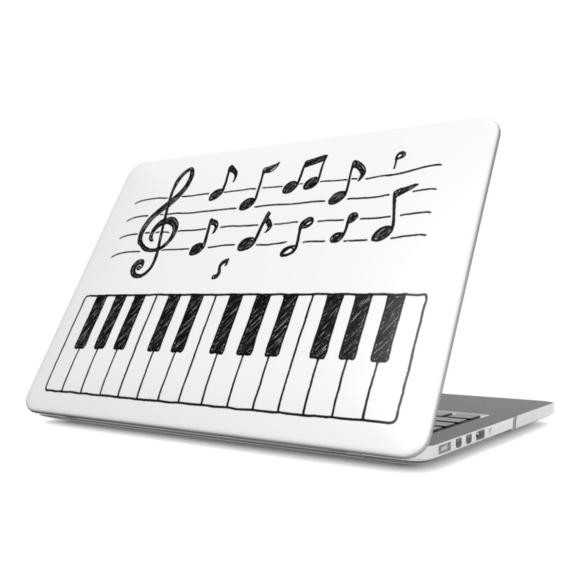 Laptop with a design of piano keys and musical notes on a white background